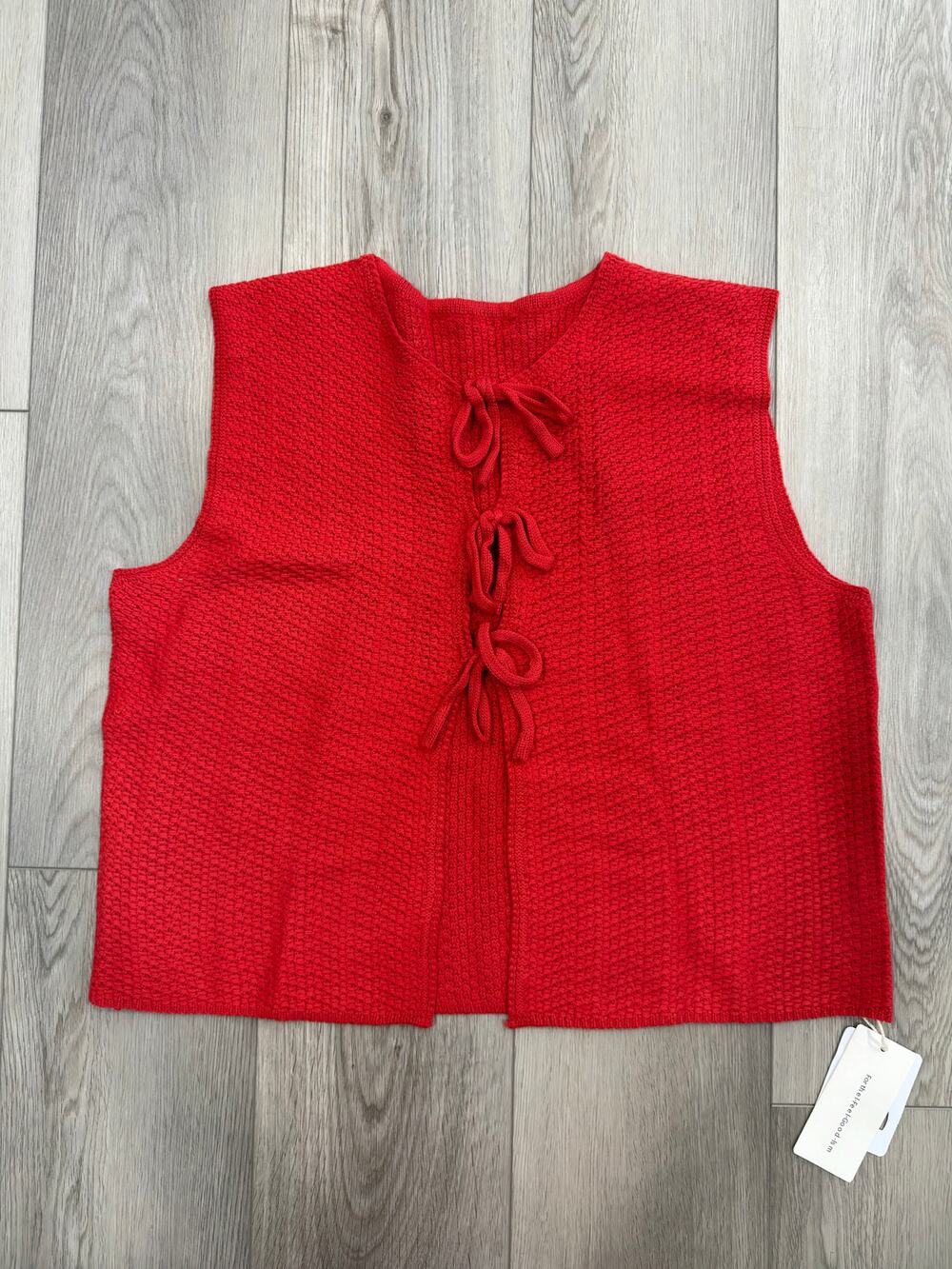 Commense Red Knit Crochet Ribbon Tie Minimalist Casual XL Top